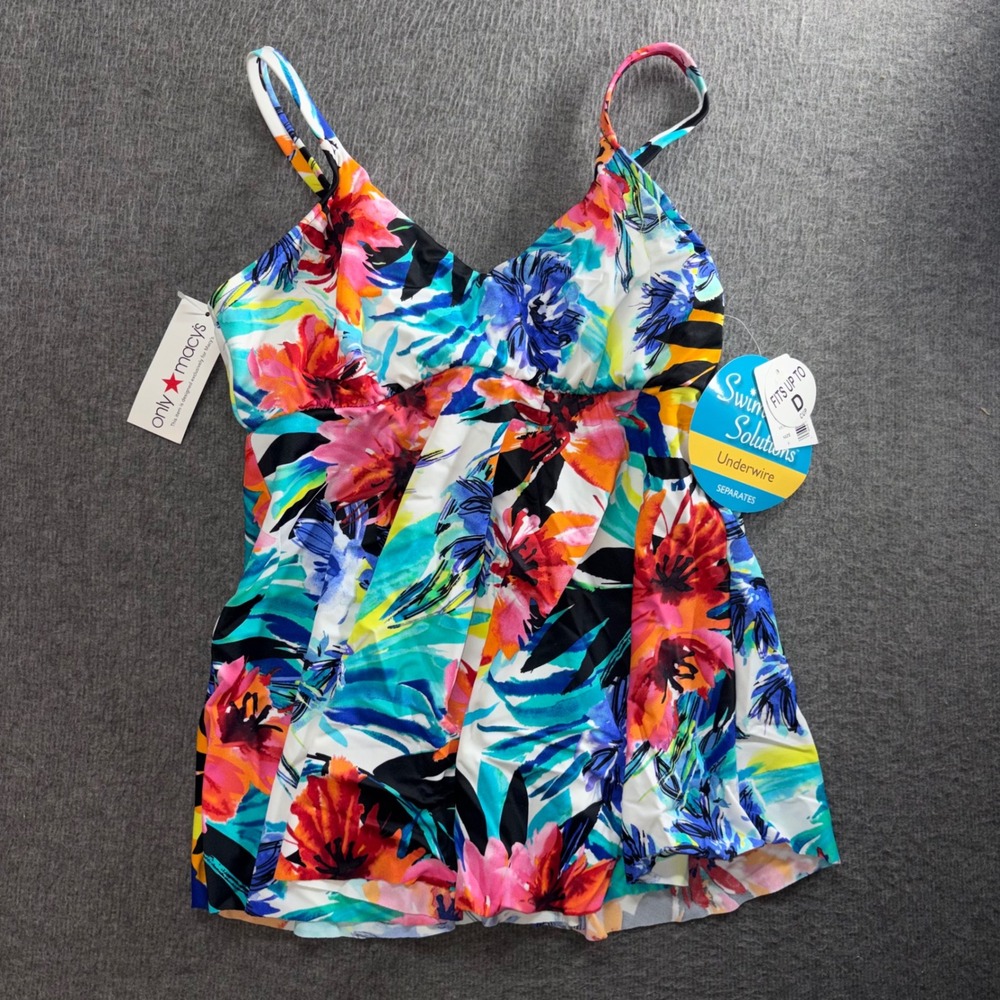 Swim Solutions Single Tier Underwire Tankini Top Floral Multi Size 8 NWT